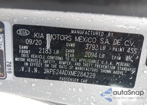 2021 Kia Forte Lxs из США, поврежденный, VIN 3KPF24ADXME284229